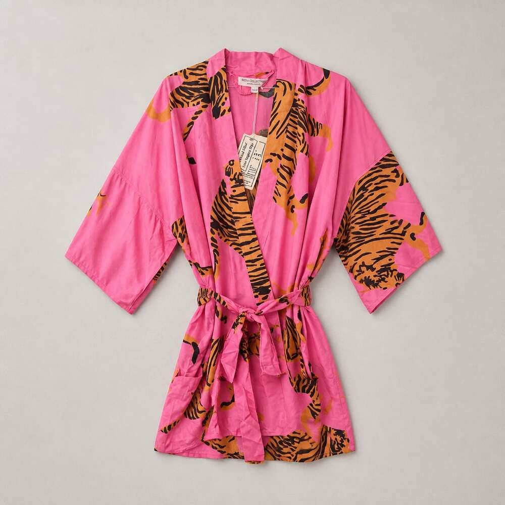 Emerson Fry India Collection Hand-Printed Pink Tiger Cotton Kimono Robe